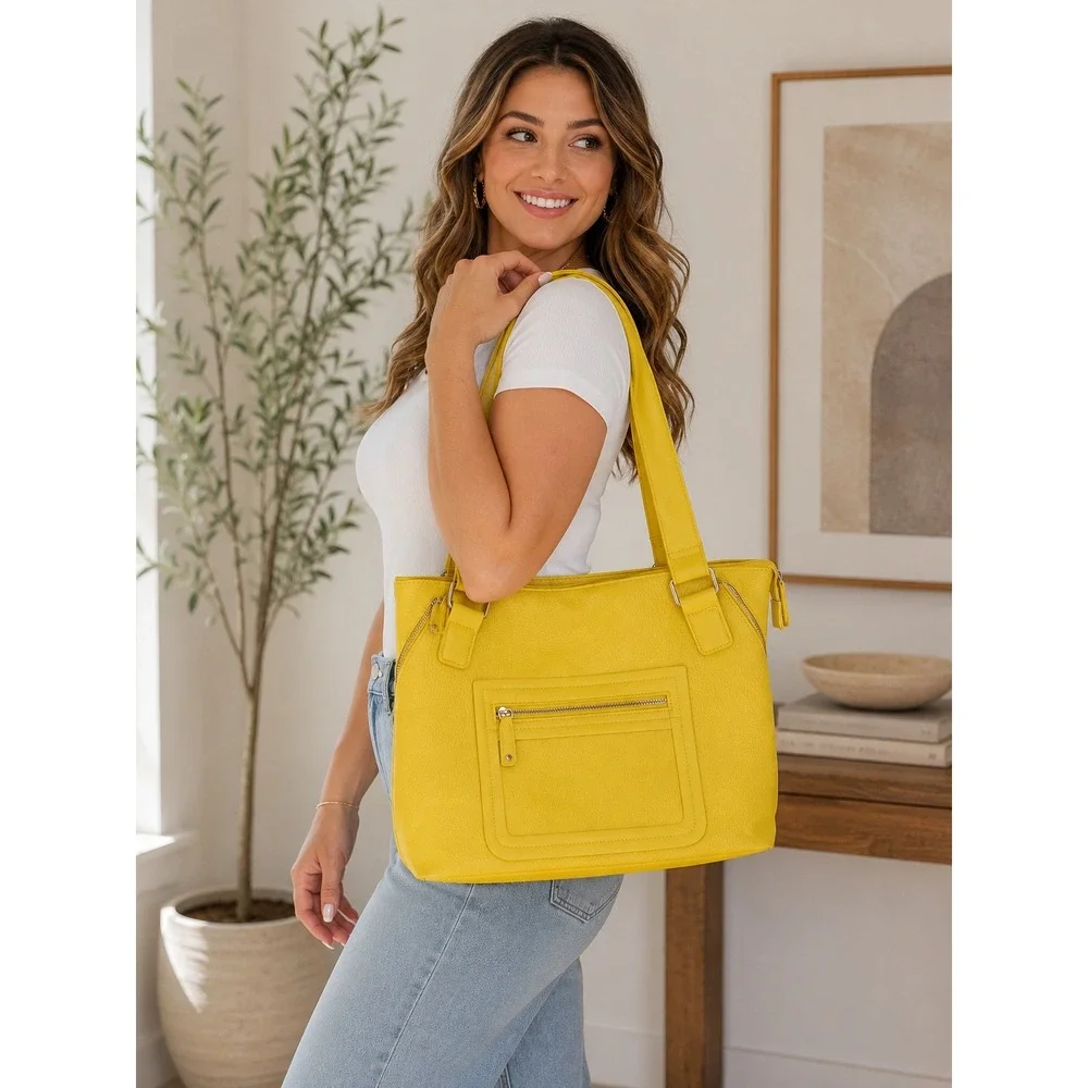 Sondra Roberts‎ Yellow Pebbled Faux Leather Tote Shoulder Bag Zip Pockets